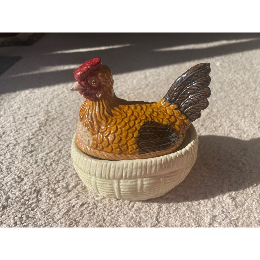 Vintage Ceramic Hen on Nest Lidded Dish Portugal